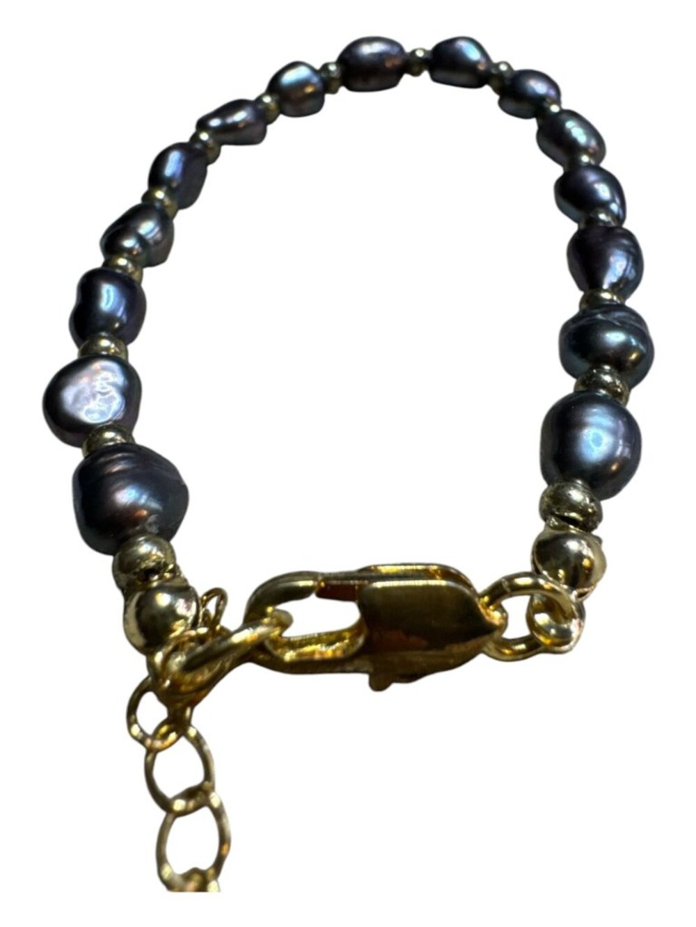Black Freshwater Pearl Bracelet With Gold Accents & Adjustable Clasp 6.5-7 Inch